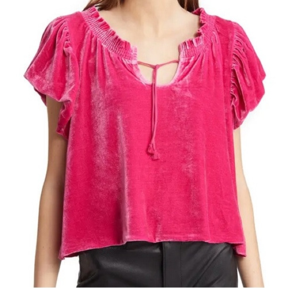 Free People Terese Velour Ve Short Puff Sleeve Keyhole Tie Neck Top Pink Cropped
